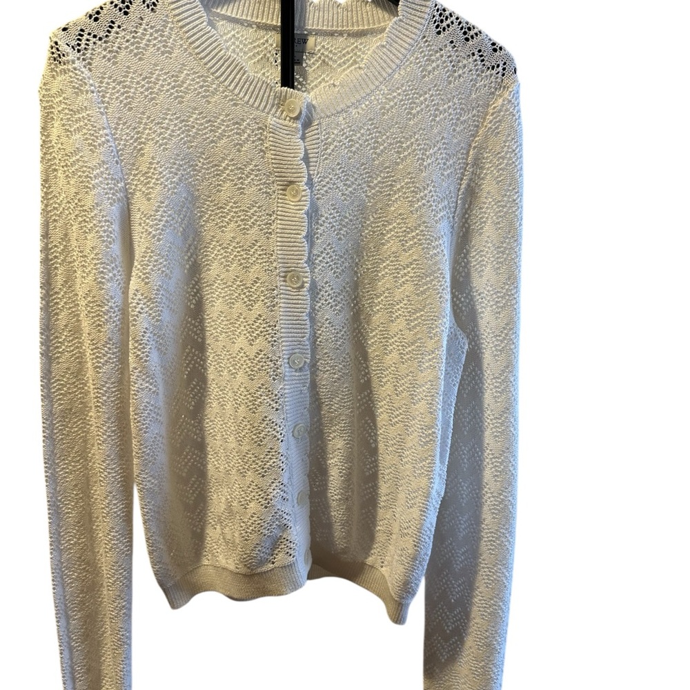 JCrew Pointelle White Cardigan with Scalloped details. Perfect for Spring!
